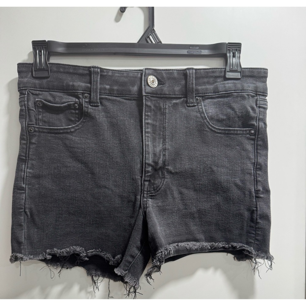 American Eagle Hi-Rise Midi Black Denim Cut Off Shorts Next Level Stretch Sz 14